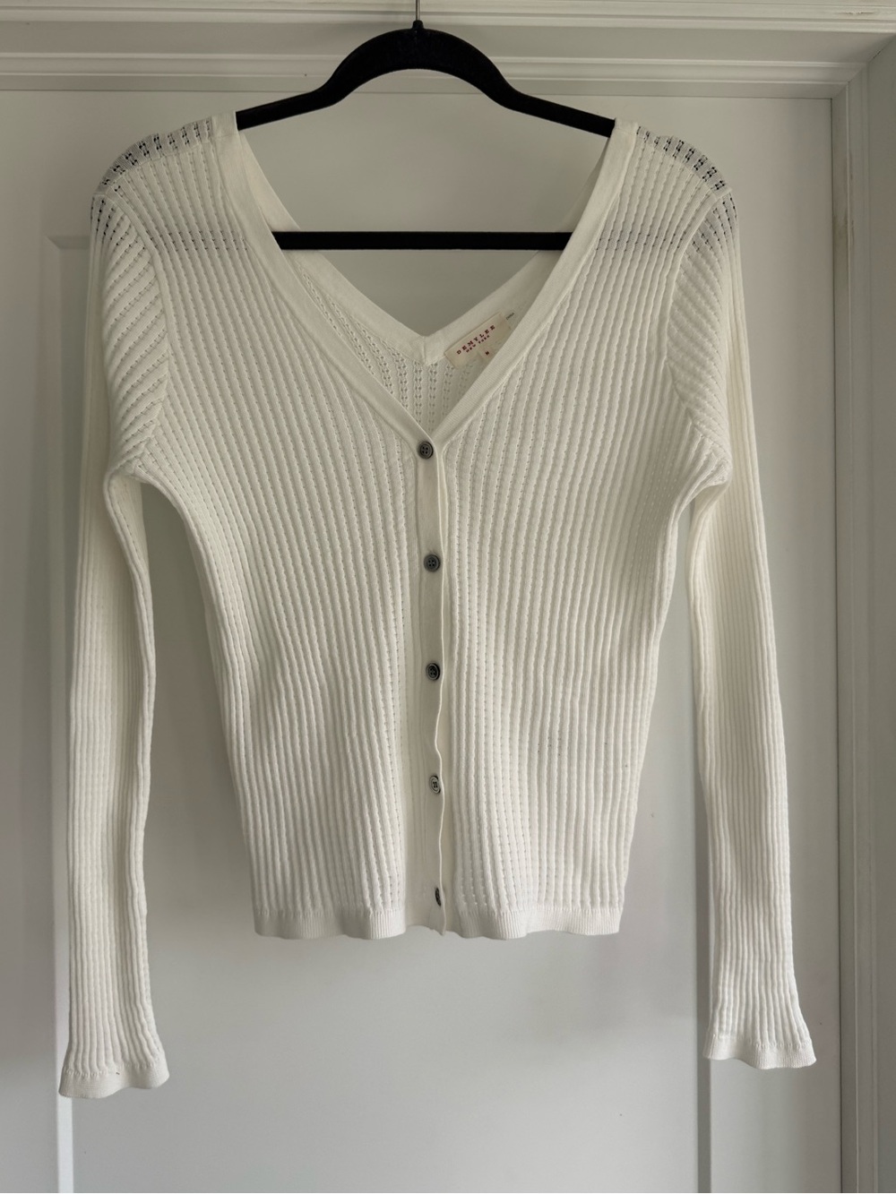 Demylee | Pointelle Cotton Women's White Knit Button-Front Sweater